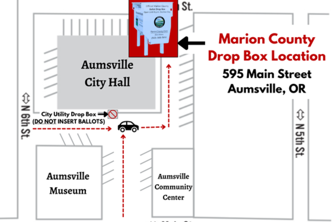 Map of City Hall Complex with Marion County drop box shown at the rear corner of City Hall